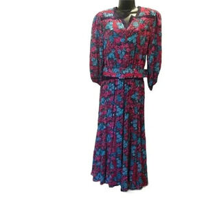 DIANE FRES Blue & Pink Vintage 80s Sequined & Beaded Belted Long Sleeve maxi Dre